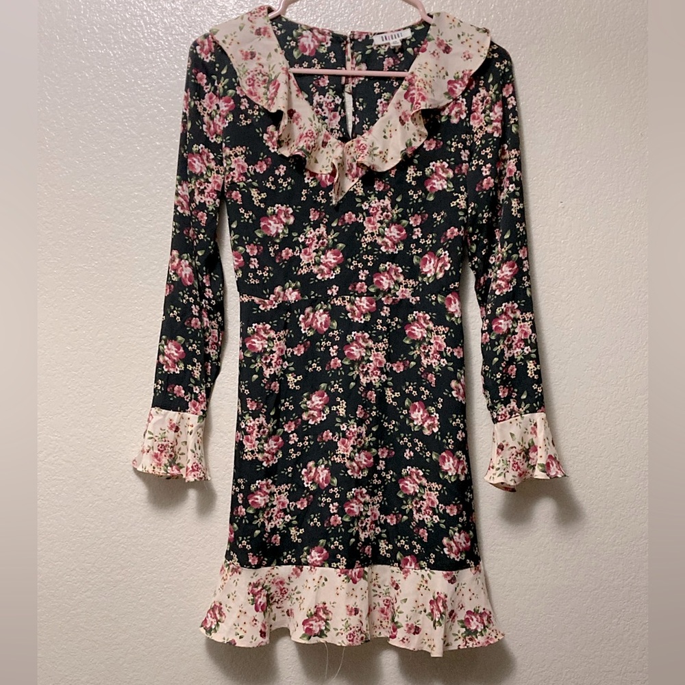 One Heart Black Romantic Boho Floral Cream Flutter Sleeve Ruffle Dress!